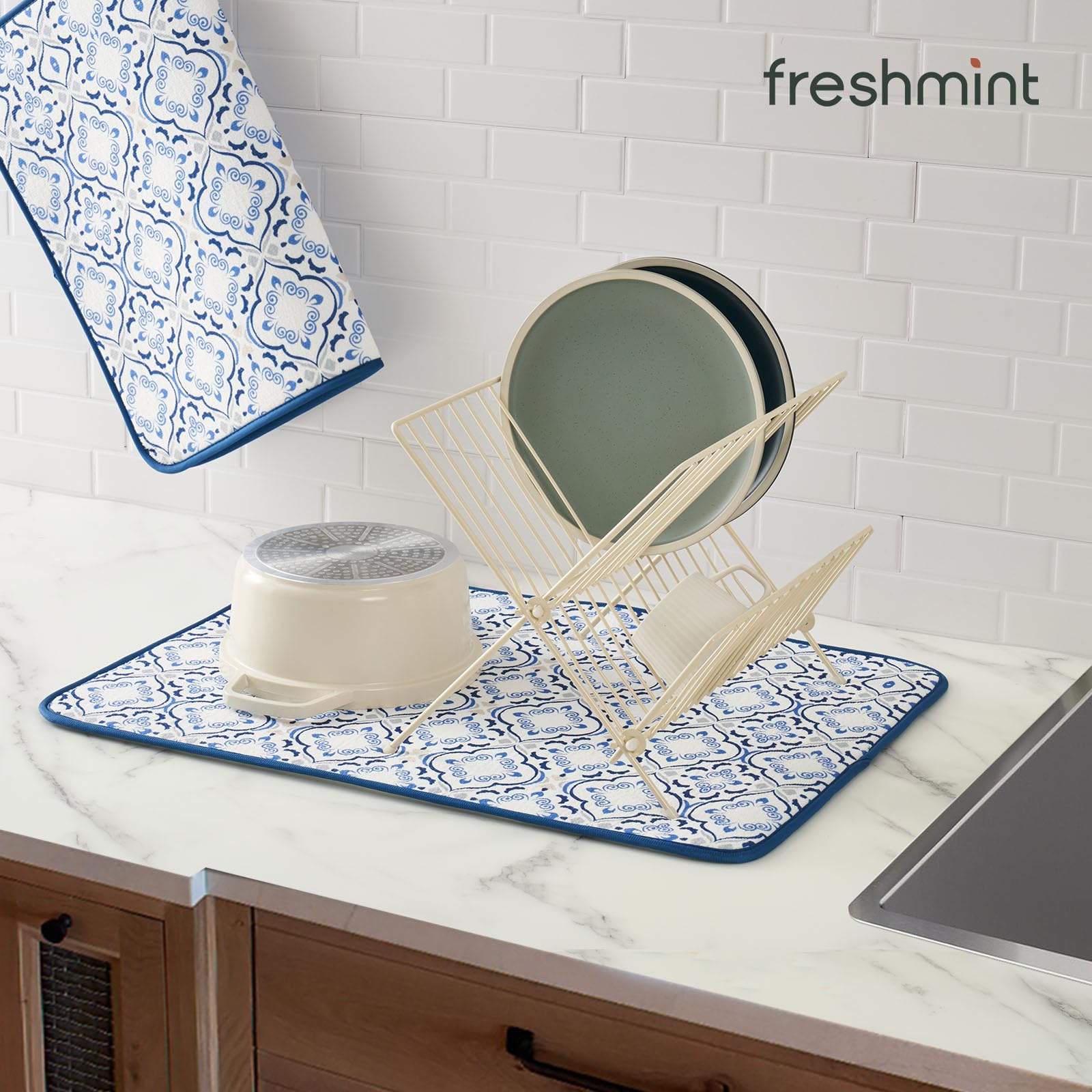 FreshMint extra-large 18x16 mat provides space for full-size dish sets