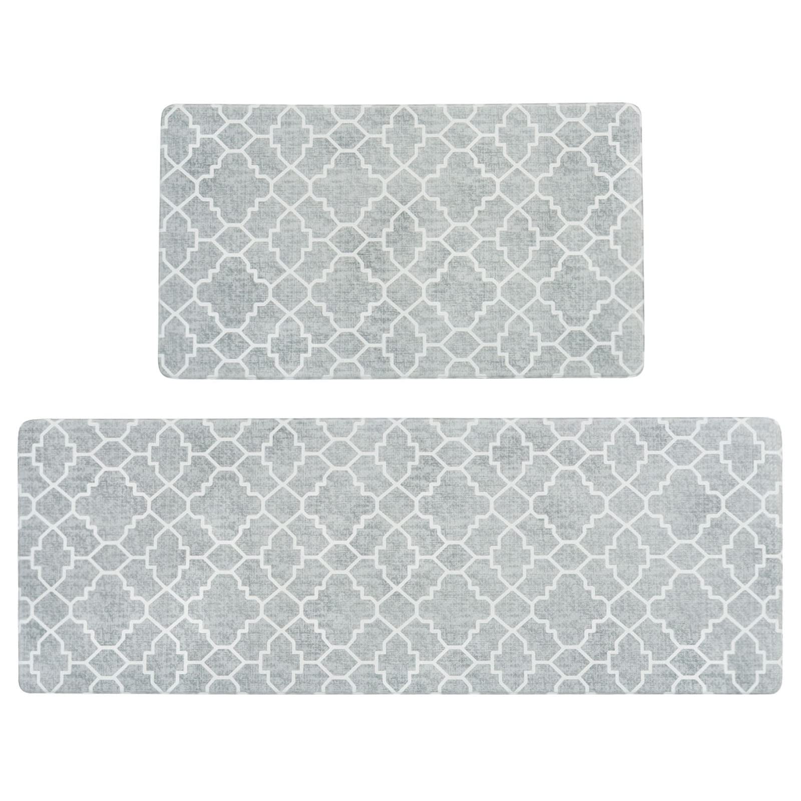 FRESHMINT kitchen mat set in stone-gray trellis design for comfortable standing at the sink
