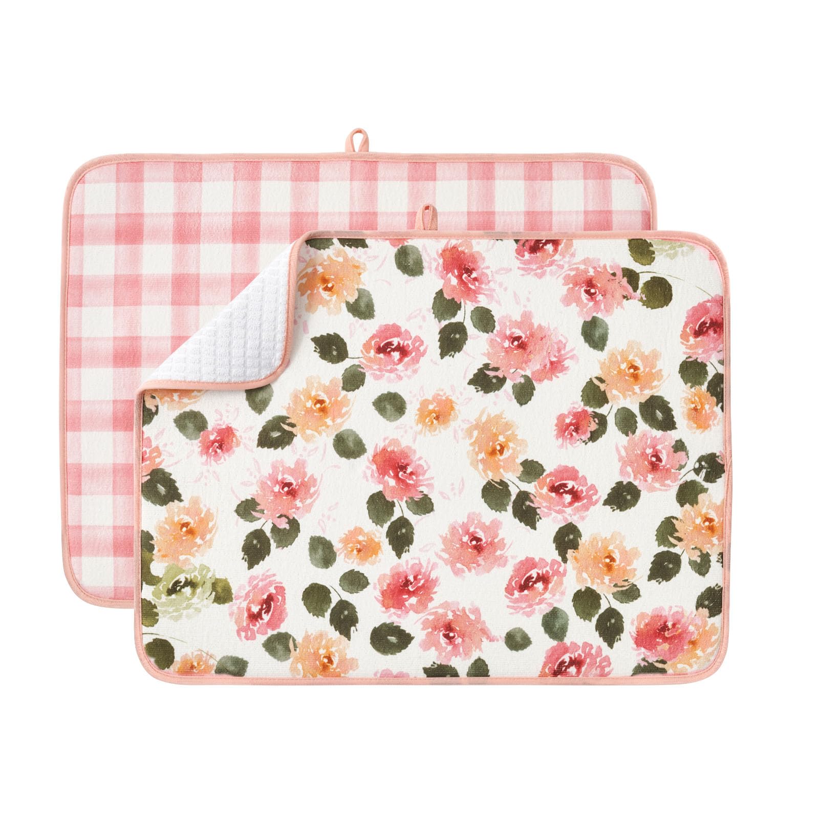 FreshMINT printed dish drying mat with grid pattern keeps counters dry and stylish.