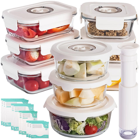 FreshSeal glass vacuum container set in action for meal prep and freshness.