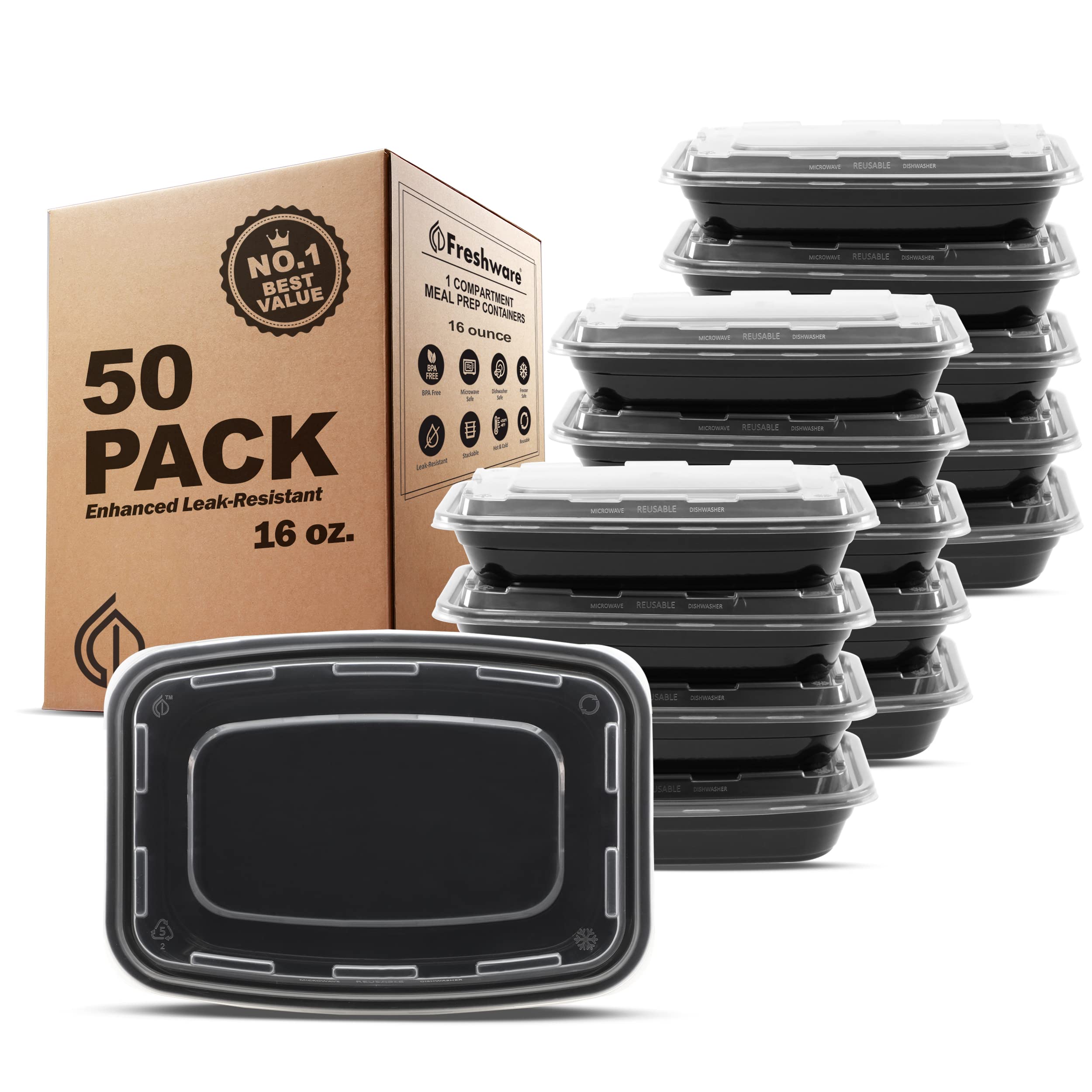 Freshware 50-pack meal prep container for organized portion-controlled lunches.