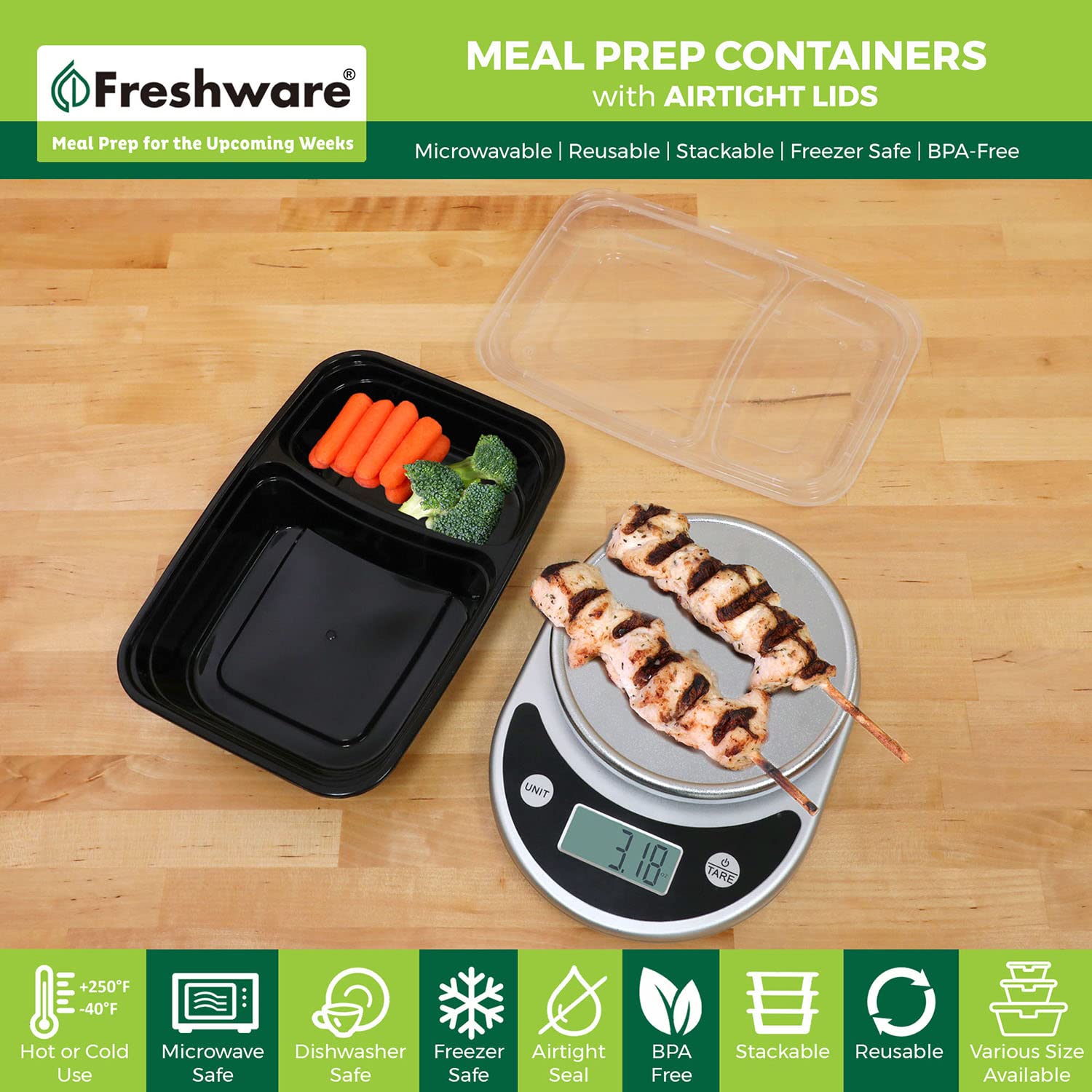 Freshware two-compartment lunch container in use for separate main and side.
