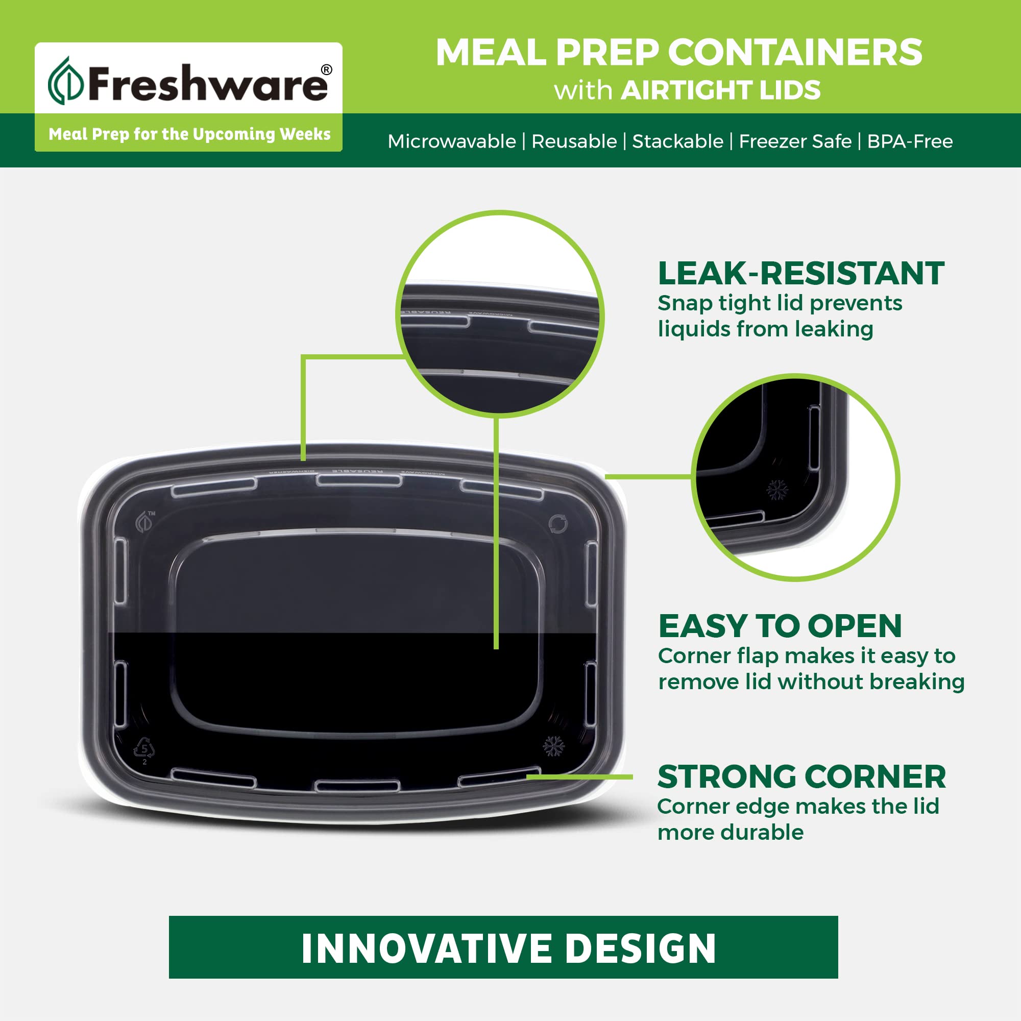 Freshware microwave, dishwasher, and freezer safe container for ease.