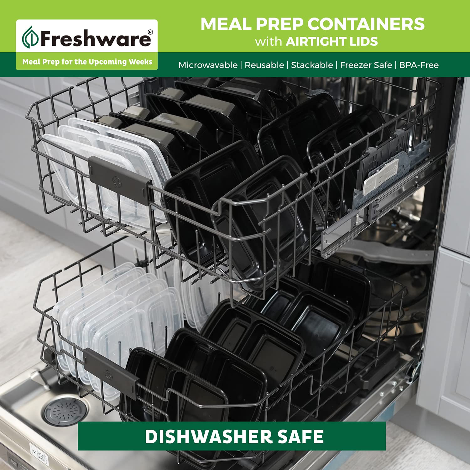 Freshware stackable bento-style lunch containers save space.