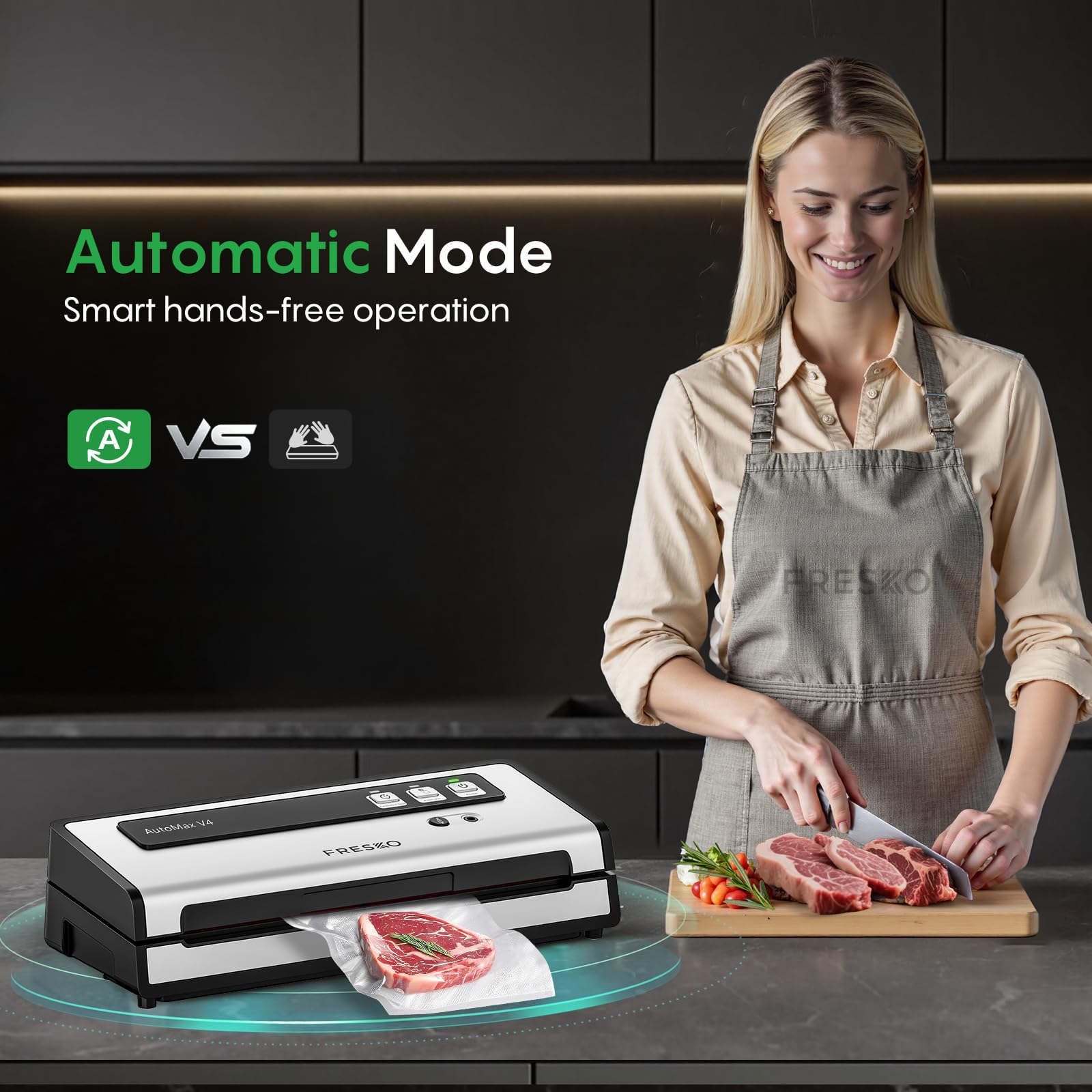 FRESKO vacuum sealer demonstrating 95kPa suction for quick air removal.