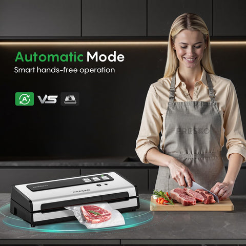 FRESKO vacuum sealer demonstrating 95kPa suction for quick air removal.