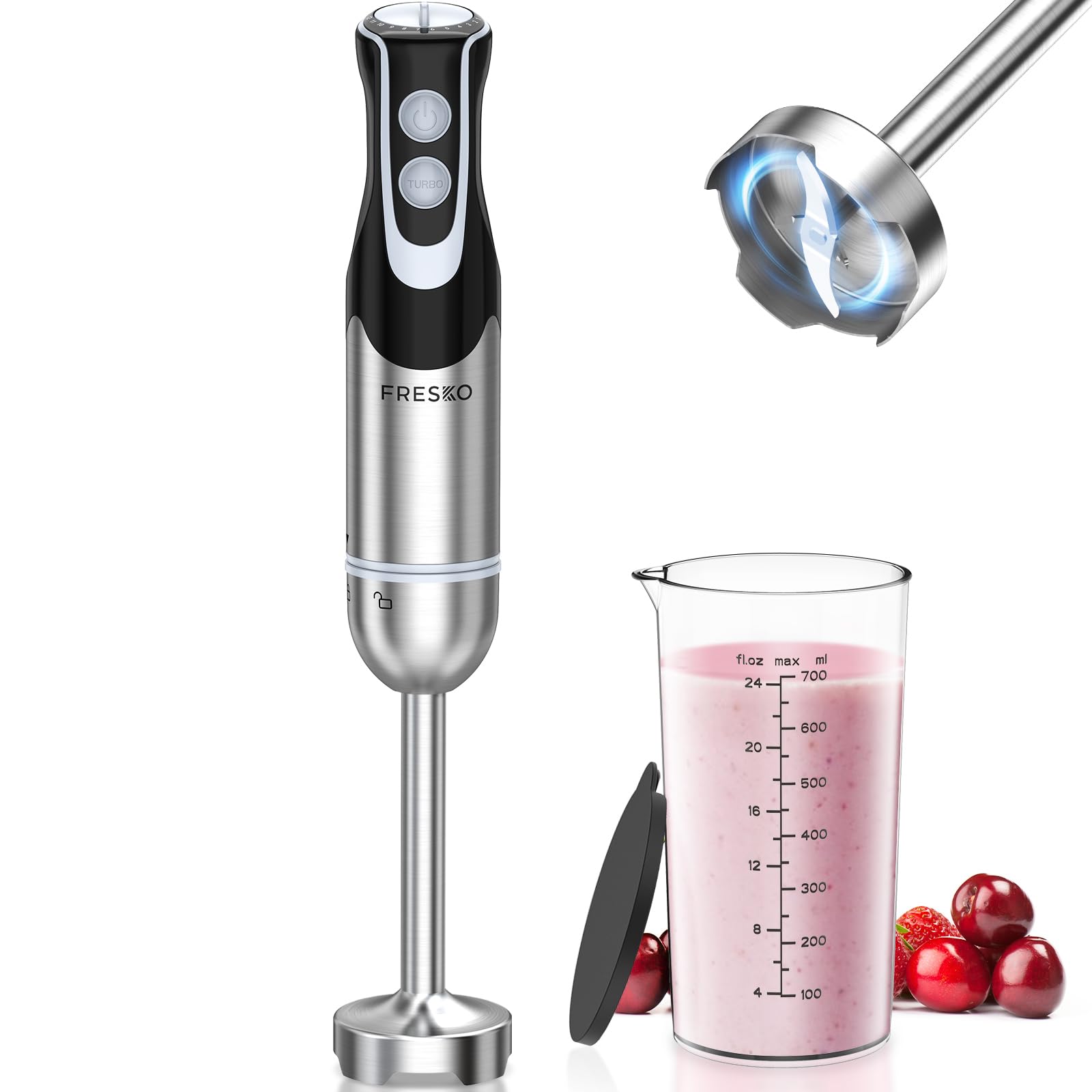 FRESKO immersion blender blade close-up for smooth, consistent blends