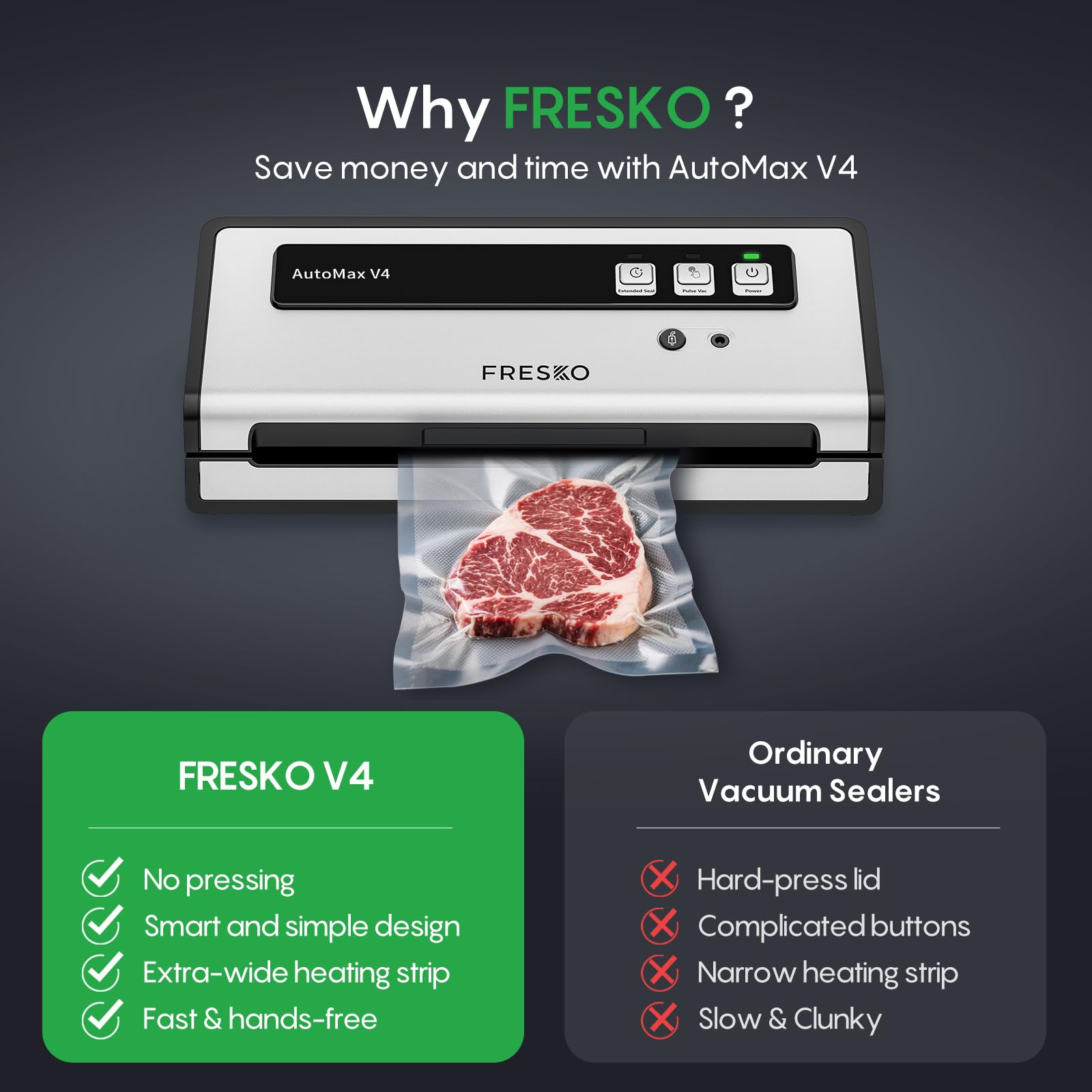 FRESKO vacuum sealer showing pulse vac extended seal for delicate foods.