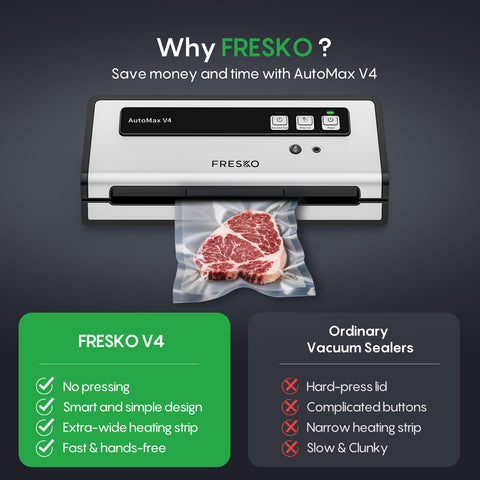 FRESKO vacuum sealer showing pulse vac extended seal for delicate foods.