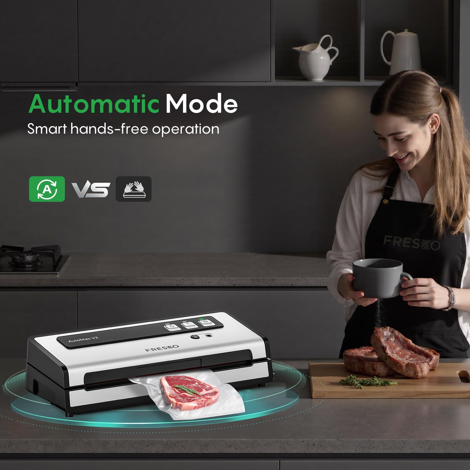 Compact FRESKO vacuum sealer design fits small kitchens and counters.