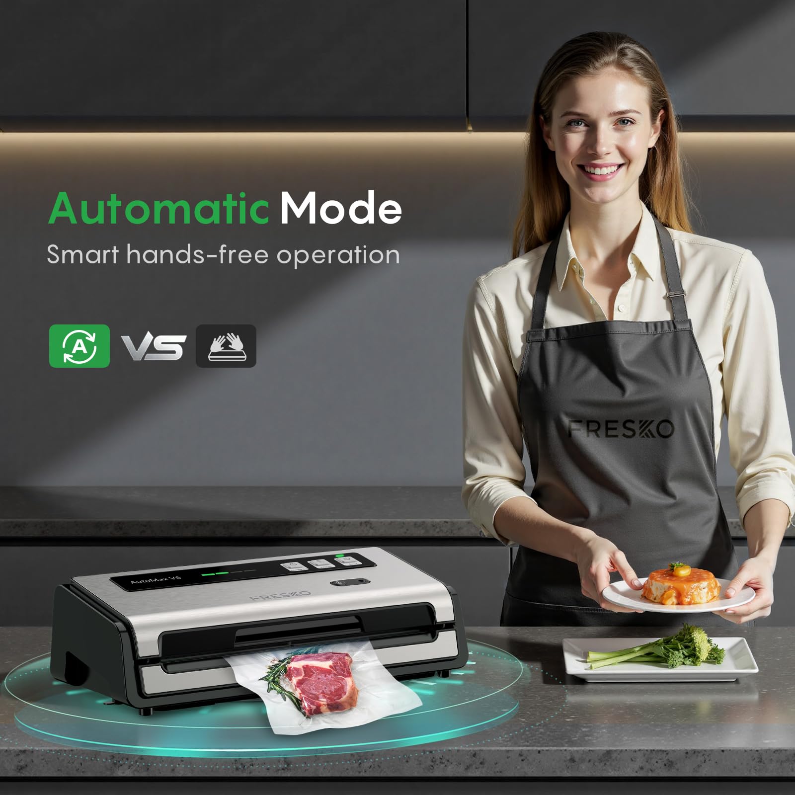 FRESKO vacuum sealer pulse-vac control enables precise vacuum for delicate foods