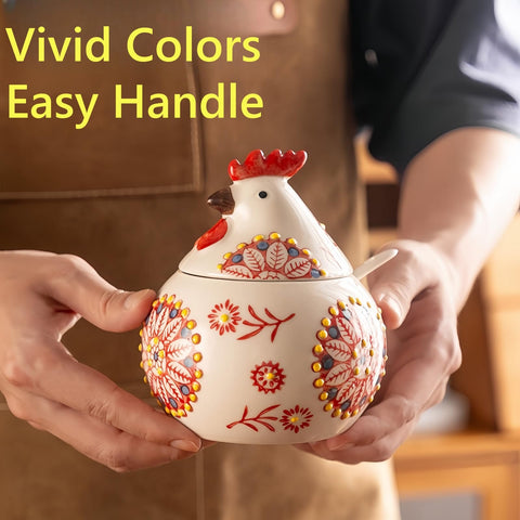 Frezonika underglaze chicken pattern close-up showing vivid colors.