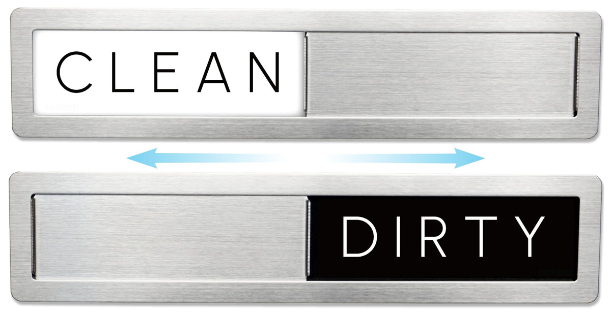 FridayVibez stainless dishwasher sign shows clean or dirty status at a glance.