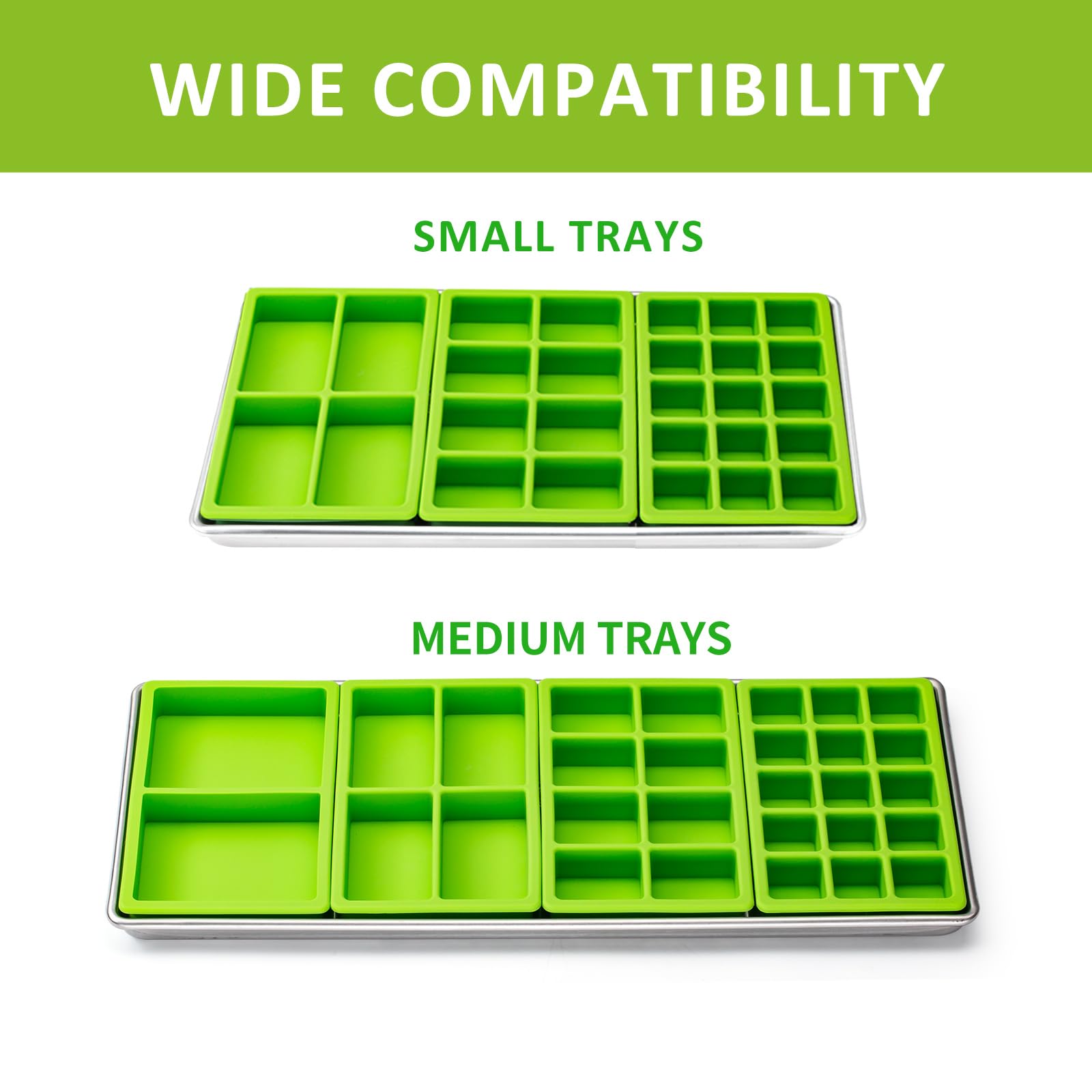 Friheten green silicone dividers create uniform cavities for even freezing.