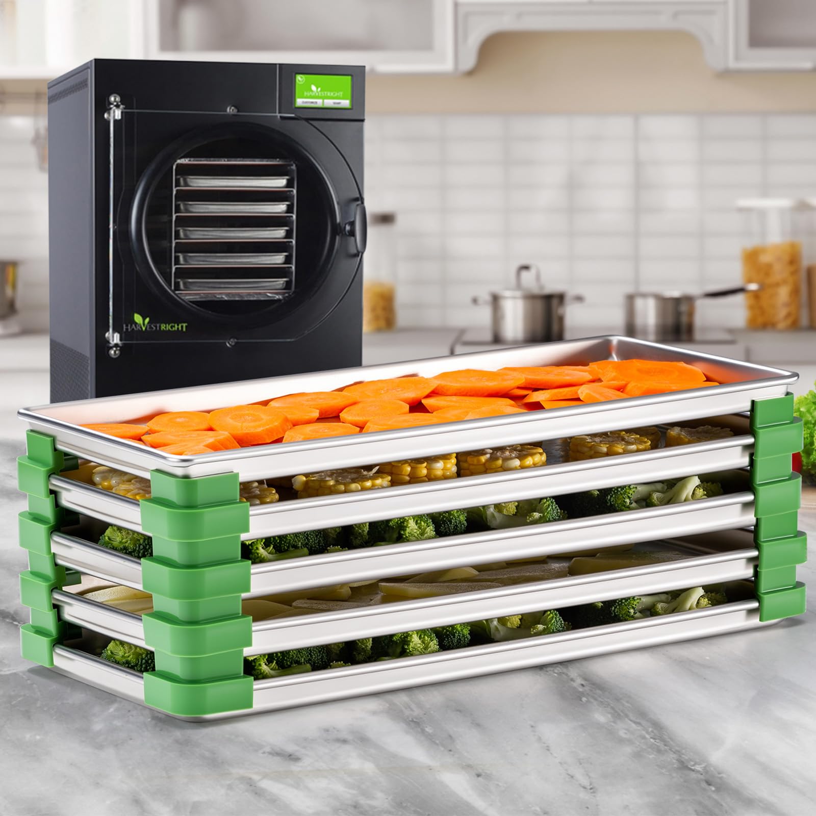 Friheten stackers absorb tray corners to reduce sliding during handling.
