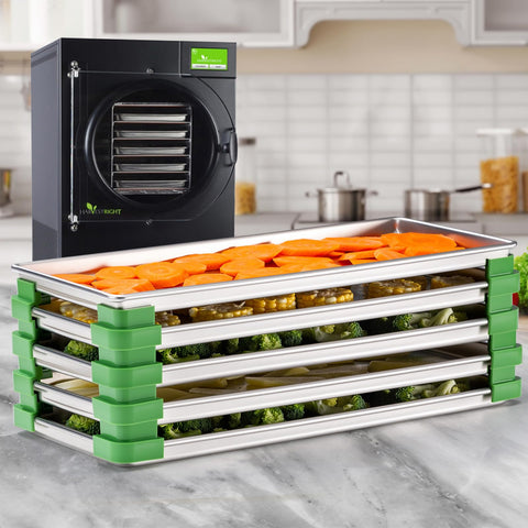 Friheten stackers absorb tray corners to reduce sliding during handling.