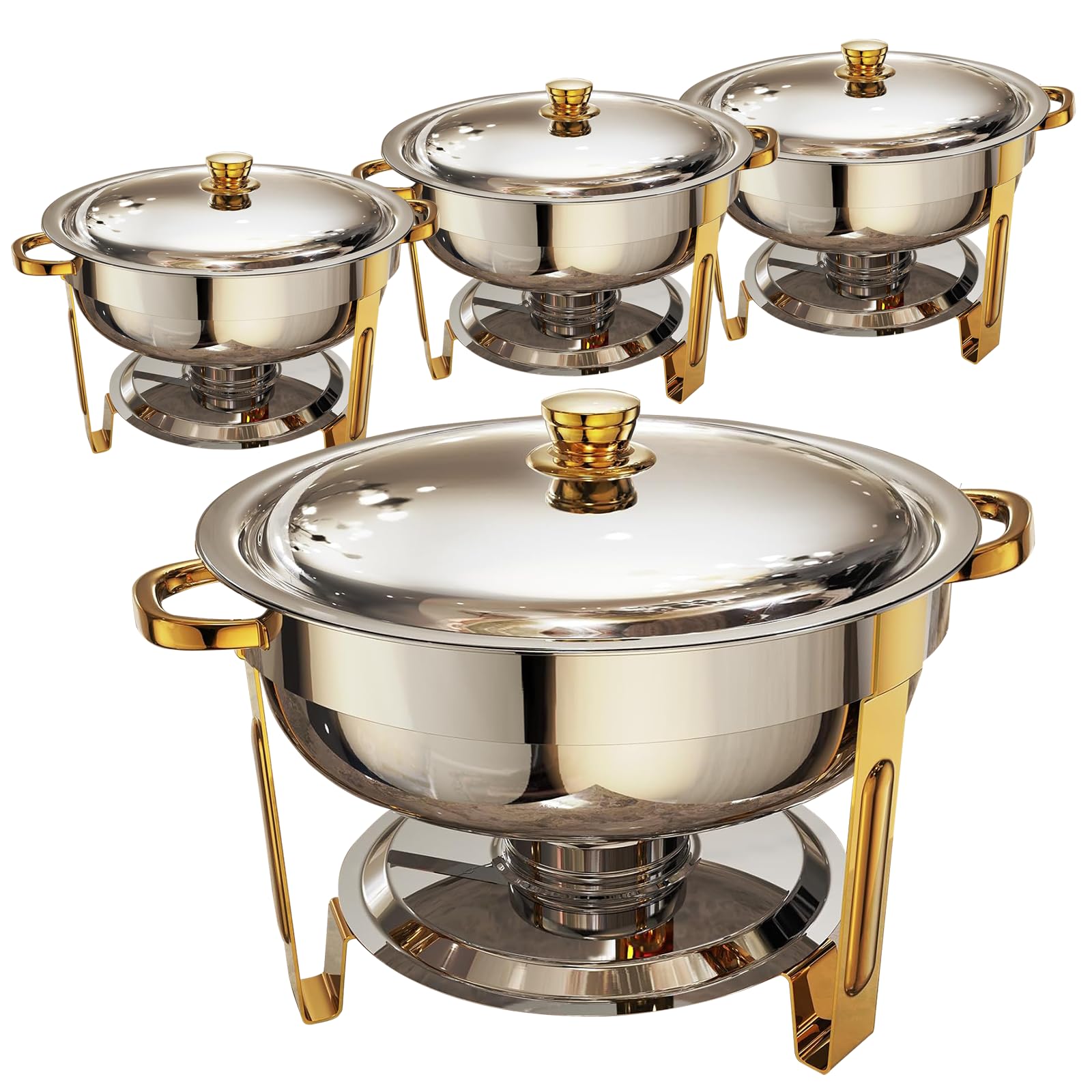 Frizoky chafing dishes 6QT round gold and silver set, front view for upscale buffets.
