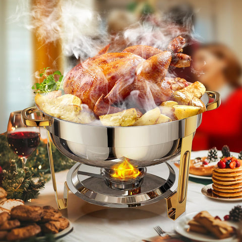 Frizoky chafing dishes with lid open, 6QT rounds for easy serving during events.