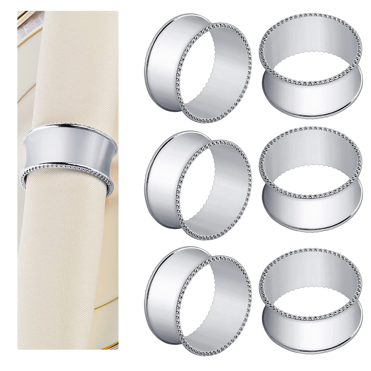 Frjjthchy six-pack napkin rings in silver finish for elegant table settings.