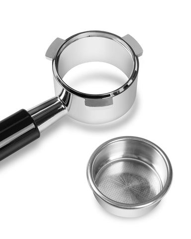 Frossvt portafilter in use with Breville Express demonstrates visible extraction.