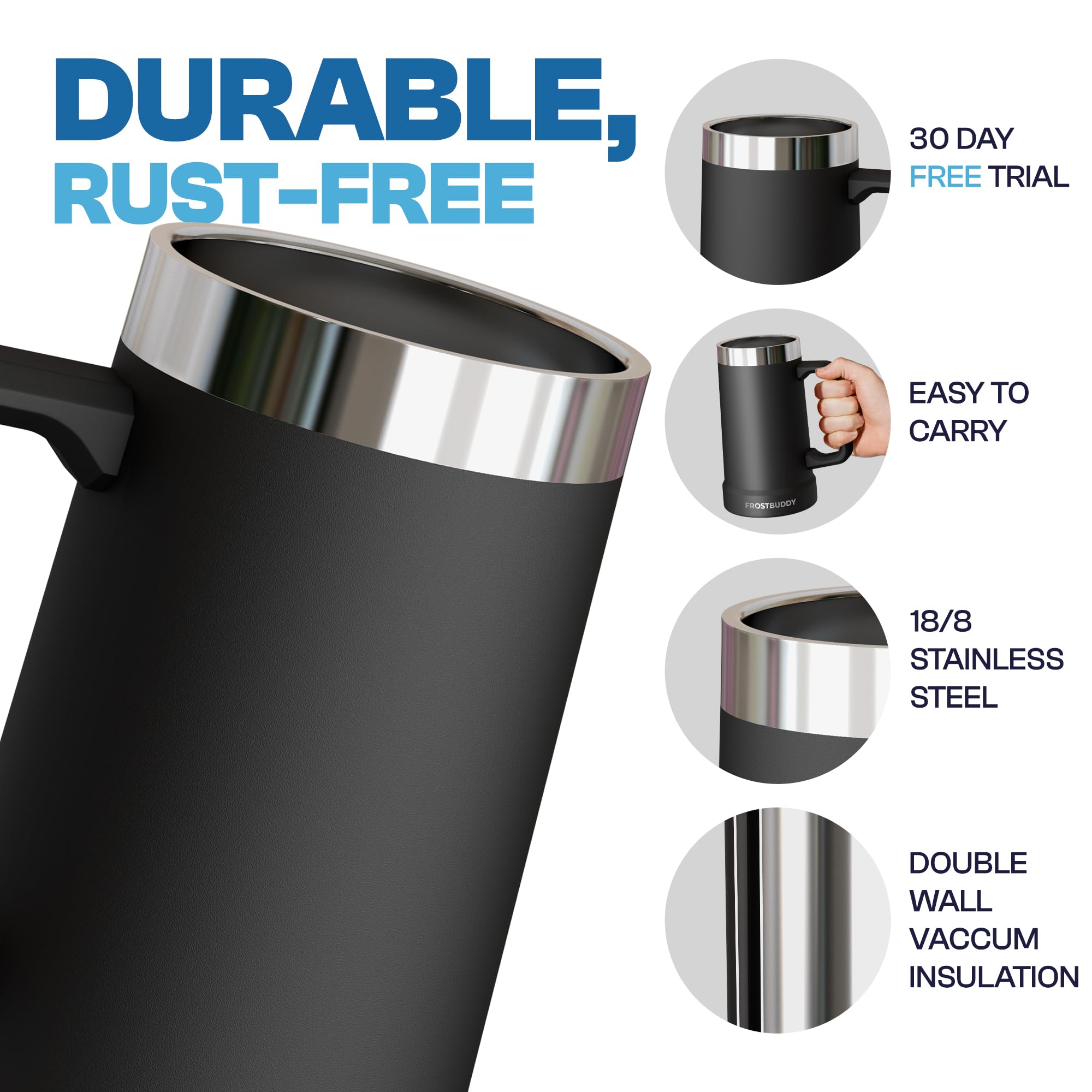 Frost Buddy Stein Buddy handle closeup, comfortable grip on full mug.