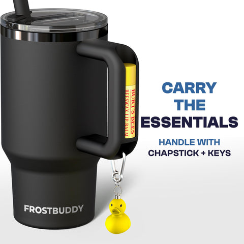 Frost Buddy Thicc Buddy lid and straw demonstrate spill-free on-the-go use.