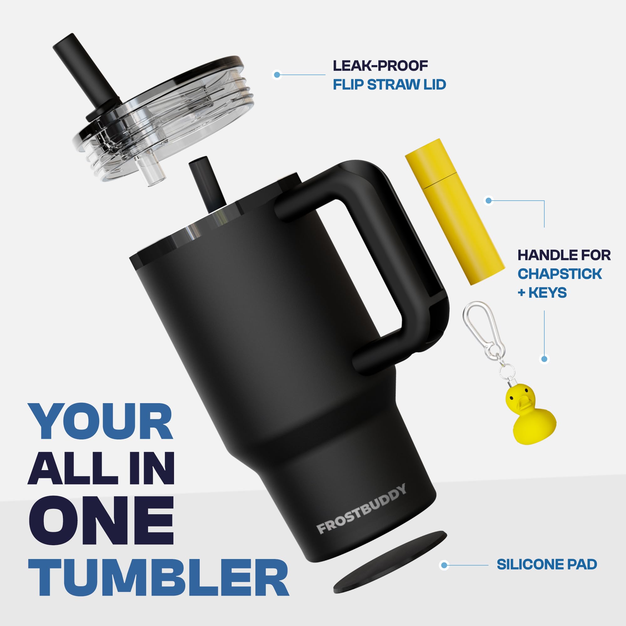 Frost Buddy flip lid on-the-go prevents spills during travel.