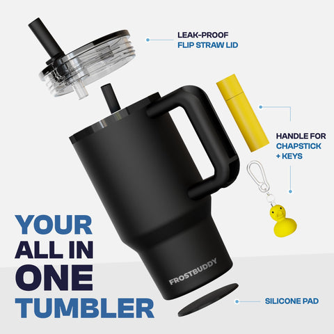 Frost Buddy flip lid on-the-go prevents spills during travel.