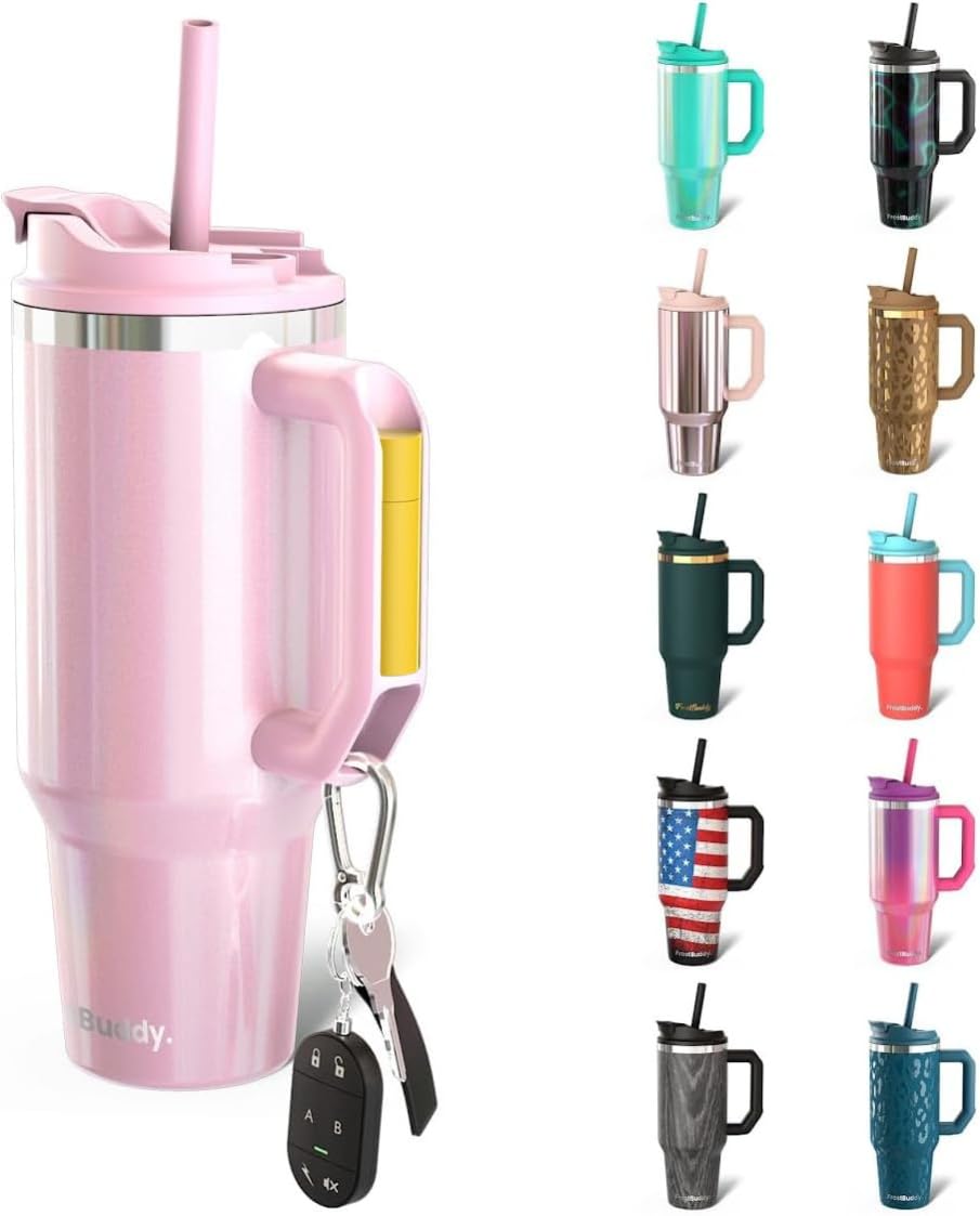 Frost Buddy Thicc Buddy pink glitter tumbler front view with spill-proof flip lid.