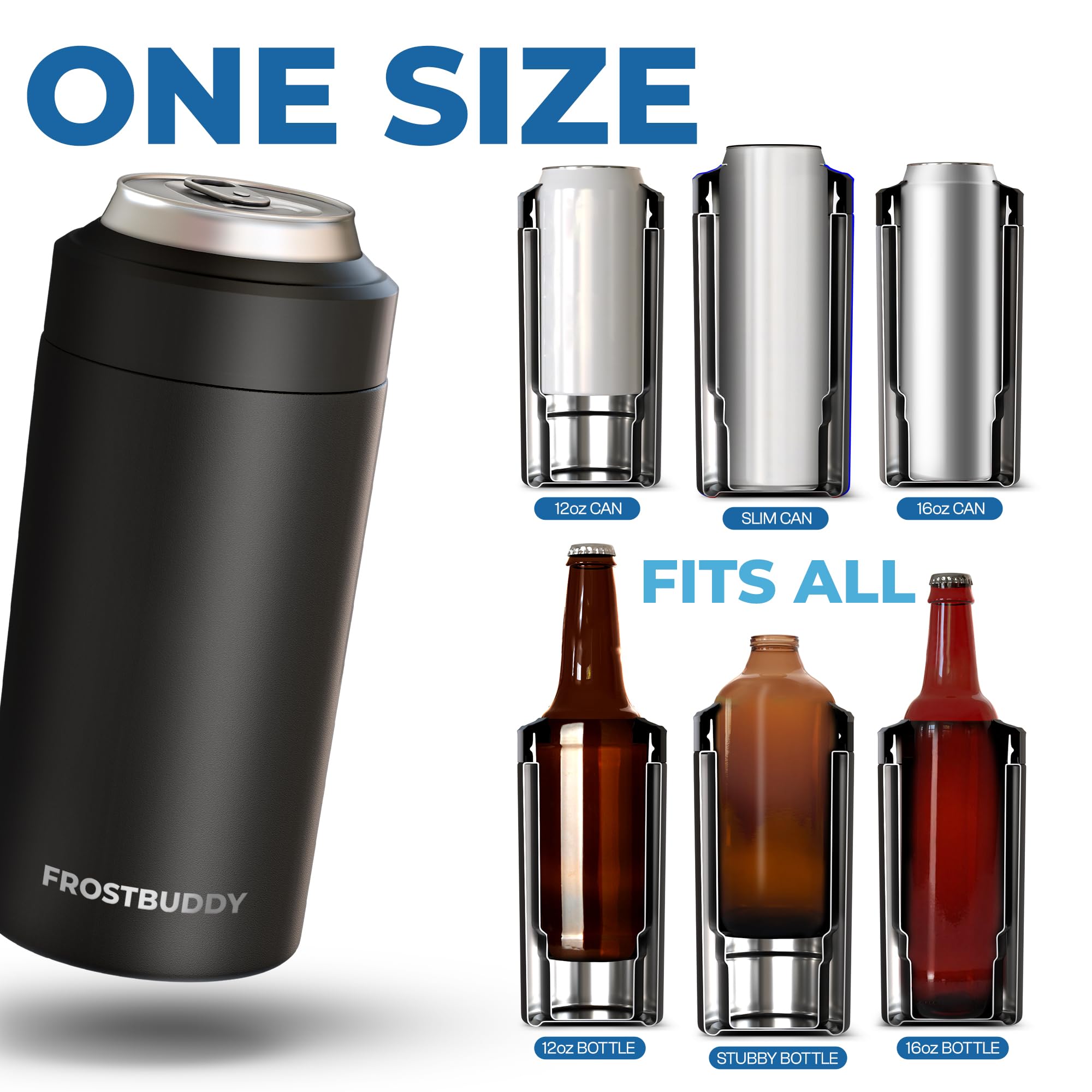 Five-size-in-one Frost Buddy cooler fitting 12oz, slim, and 16oz cans