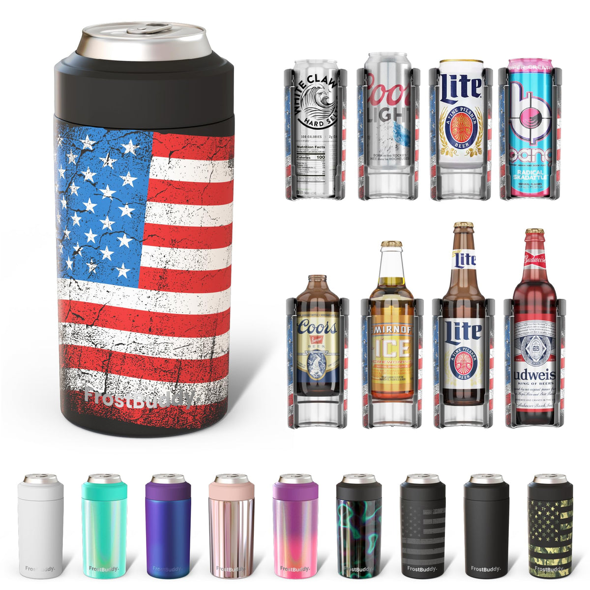 Frost Buddy universal can cooler front view showing multi-size compatibility for cans and bottles.