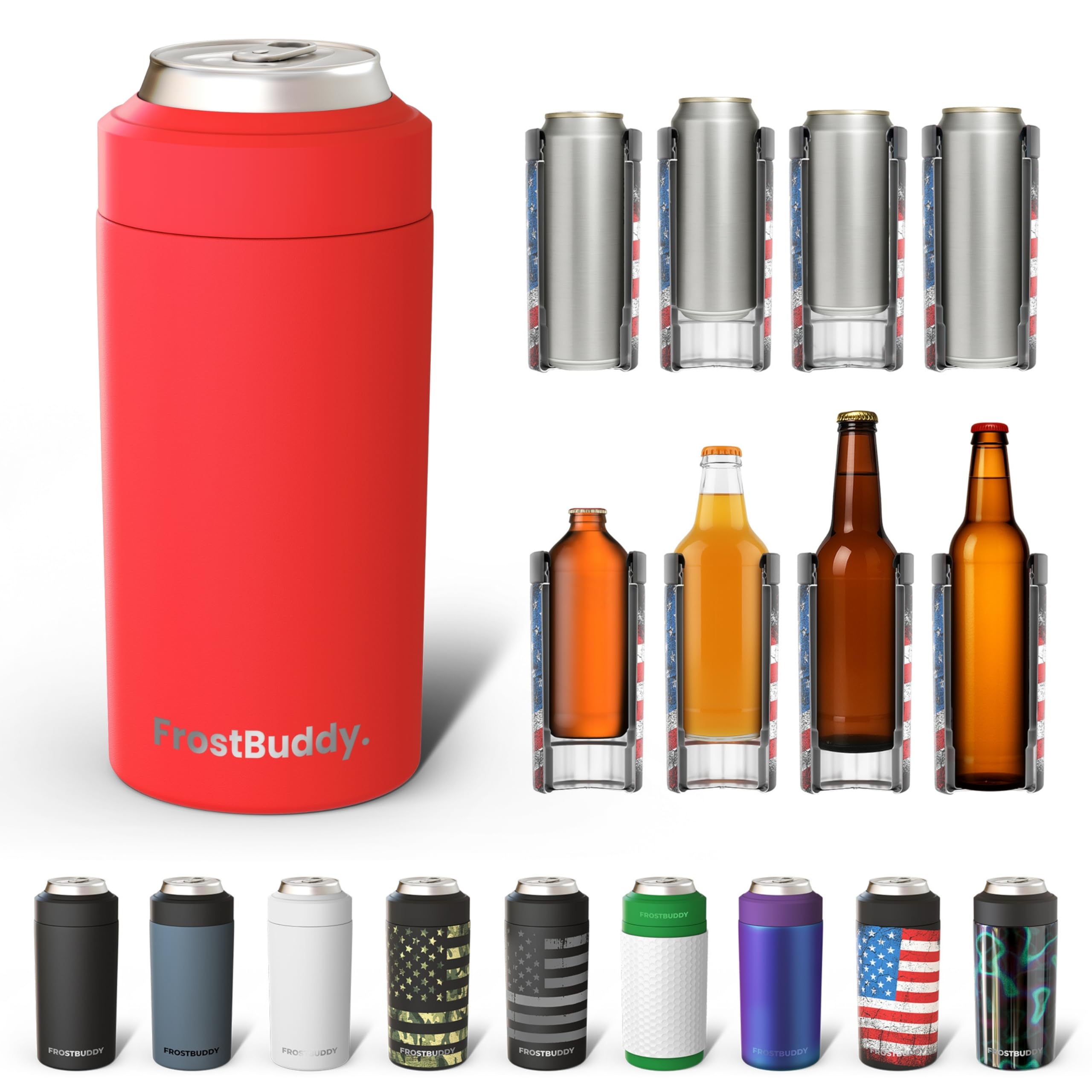 Frost Buddy Universal Can Cooler full collection shows five-size versatility for any drink.