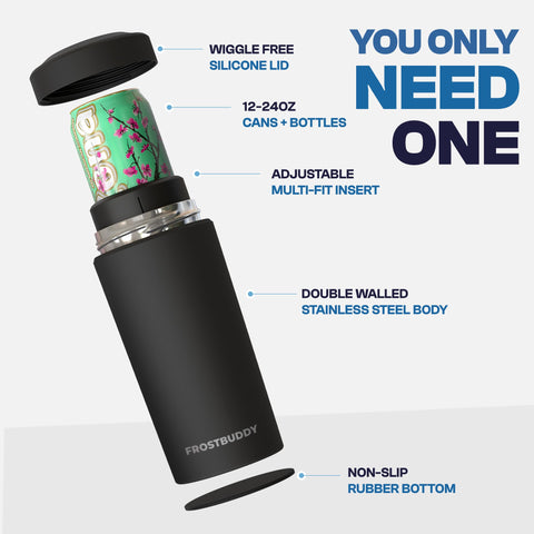 Universal Buddy XL with 20oz cans shows condensation-free exterior.