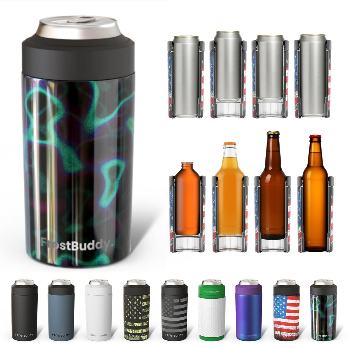 Frost Buddy universal can cooler fits 12oz and 16oz cans in one sleeve.