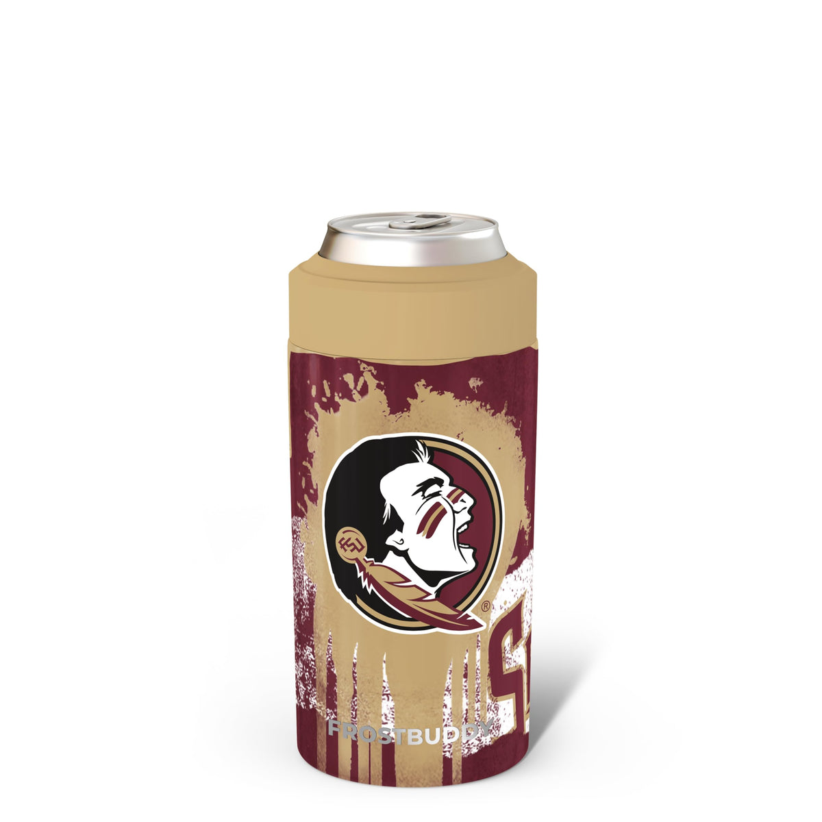 Frost Buddy universal can cooler fits 12oz and 16oz drinks and keeps them cold.