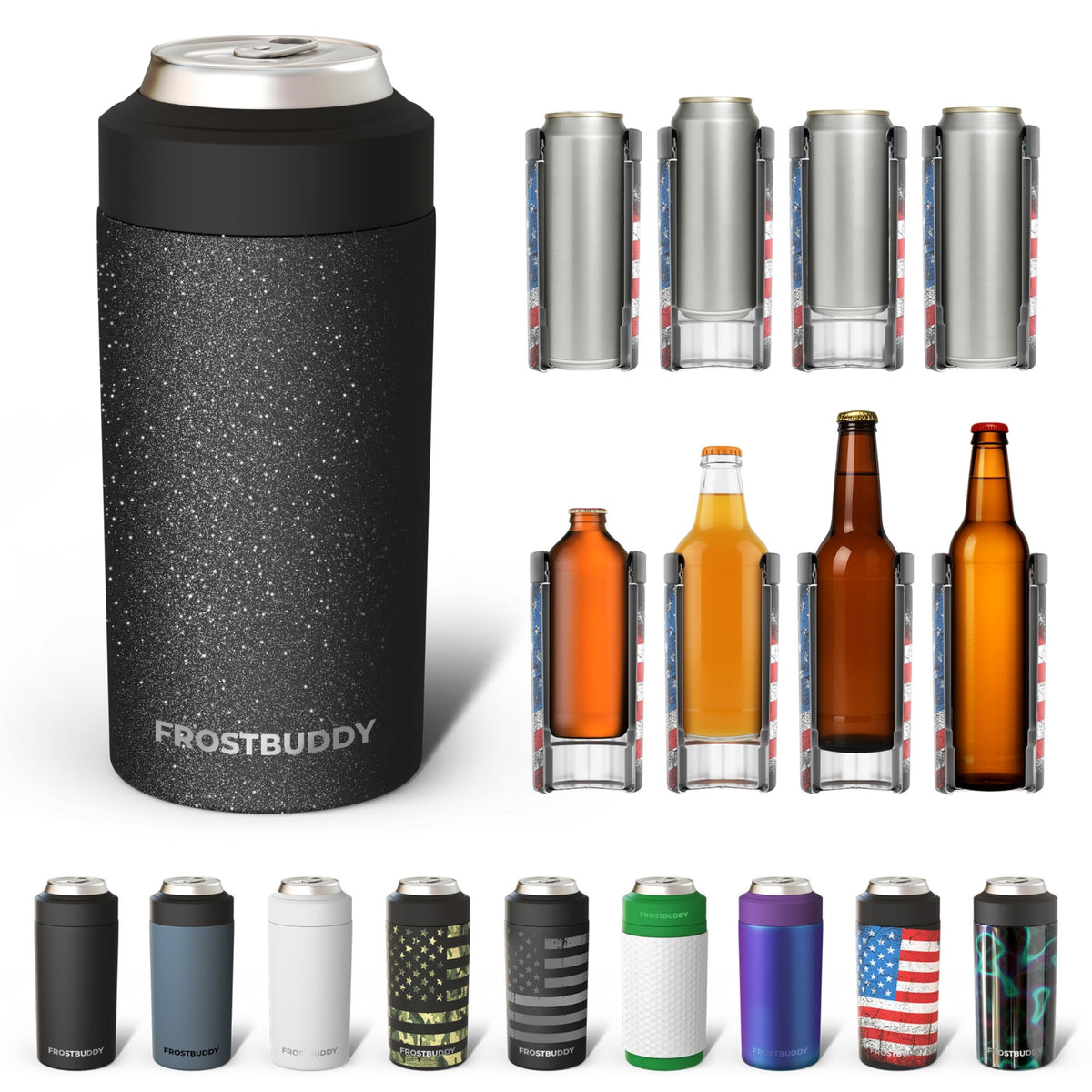 Frost Buddy universal can cooler demonstrates 12oz slim fit keeping drinks colder longer.