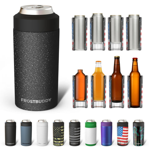 Frost Buddy universal can cooler demonstrates 12oz slim fit keeping drinks colder longer.
