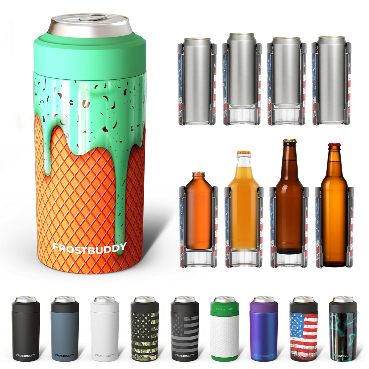 Frost Buddy universal cooler fits standard 12oz cans, keeping beverages icy