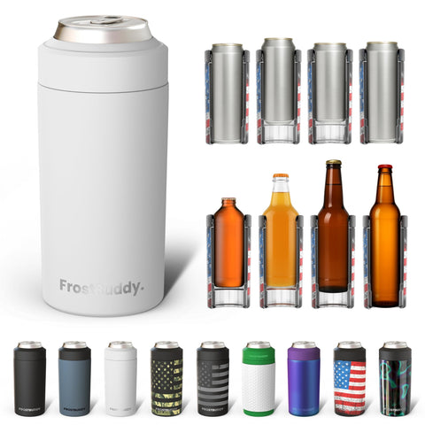 Frost Buddy universal can cooler front view in white keeps drinks colder longer