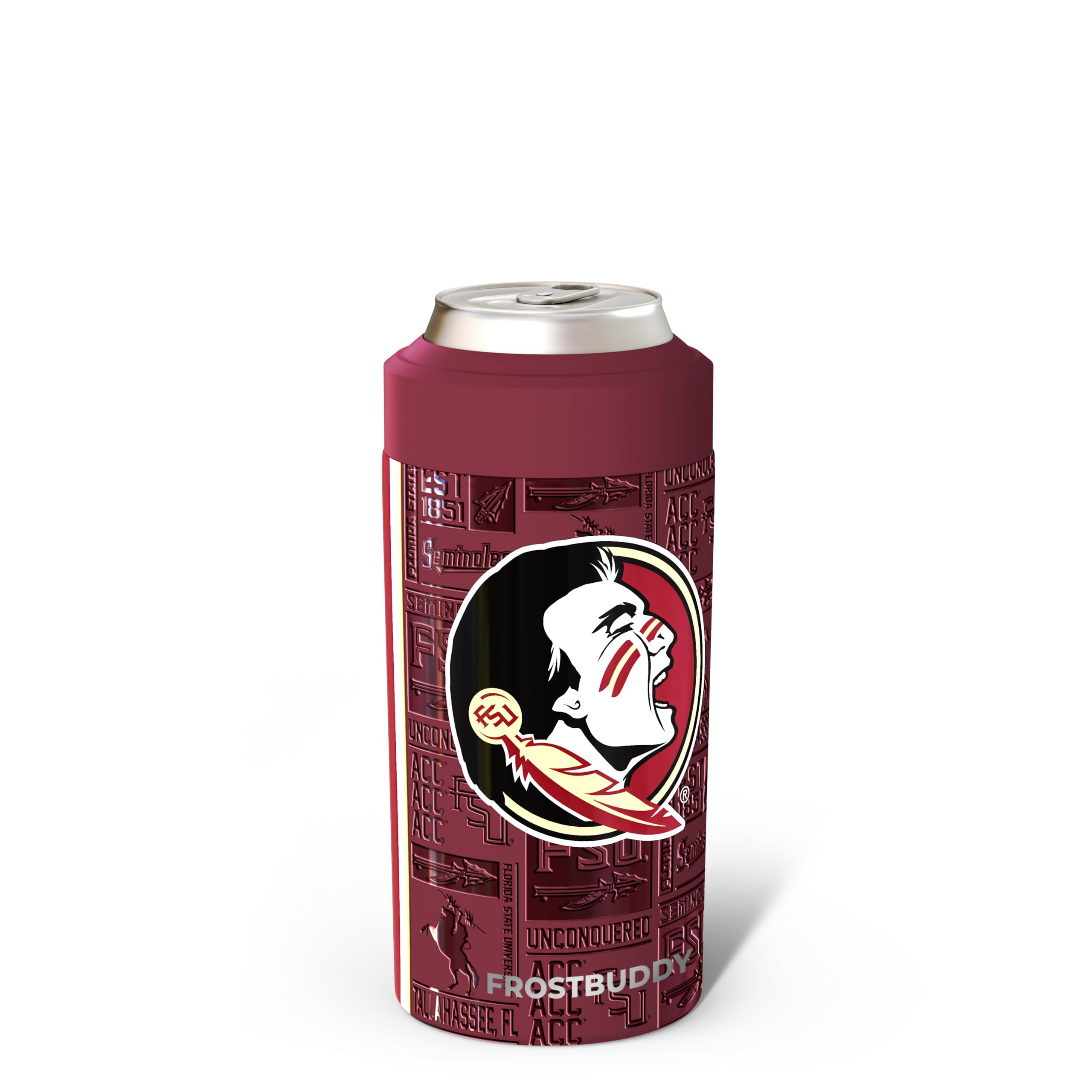 Frost Buddy universal can cooler demonstrates five-size compatibility for cans and bottles.
