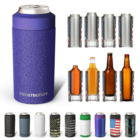 Frost Buddy universal can cooler front view shows five-size compatibility for cans and bottles