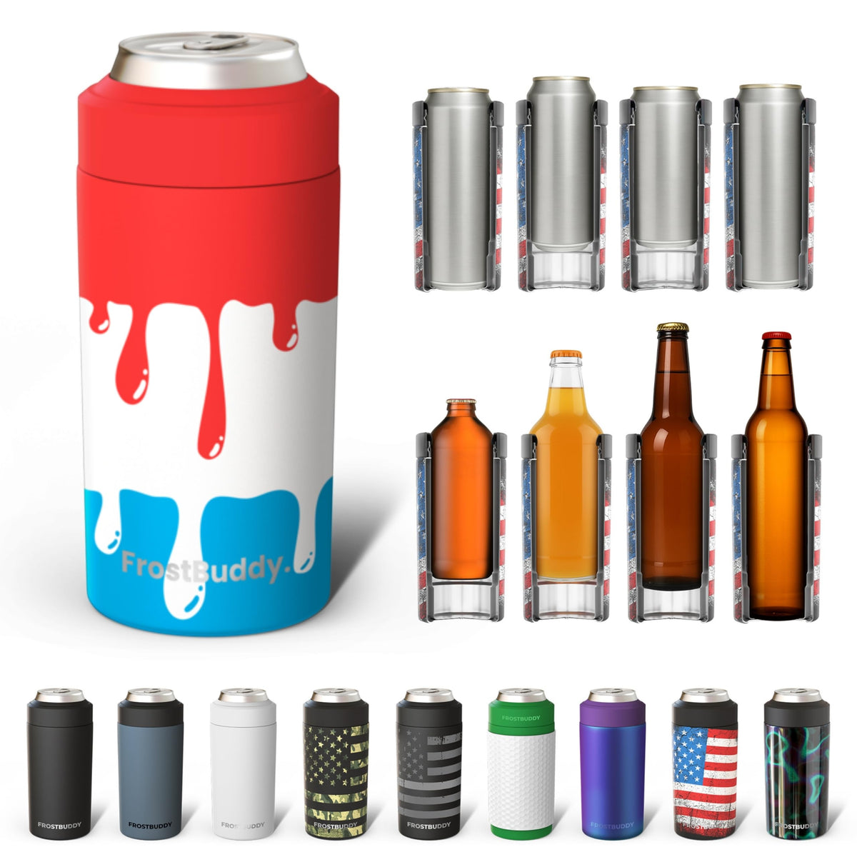 Frost Buddy universal can cooler front view shows versatile stainless steel design for versatility
