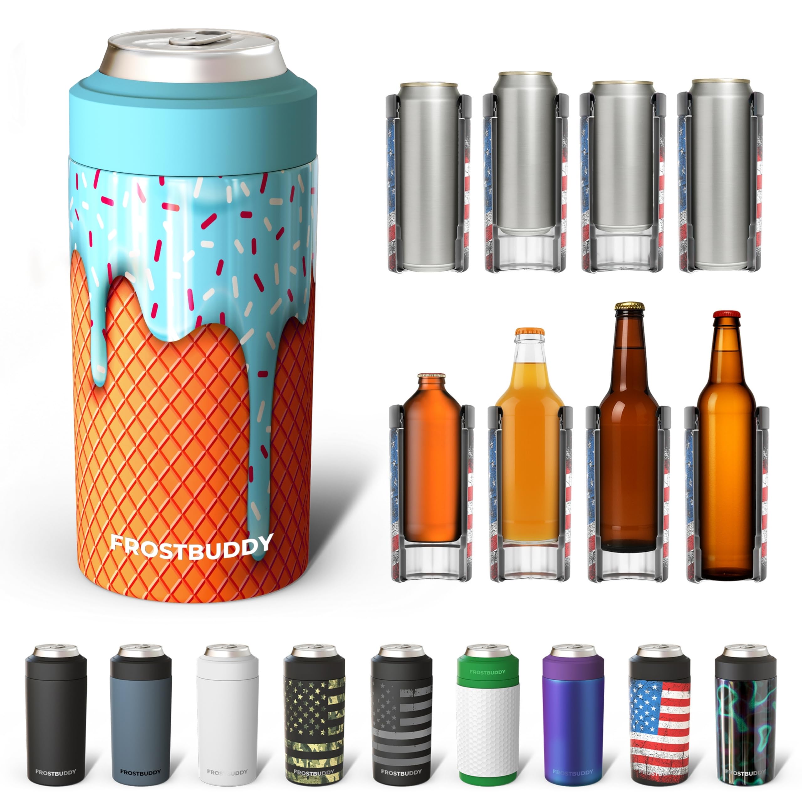 Frost Buddy universal can cooler side view, versatile for 12 oz and 16 oz drinks.