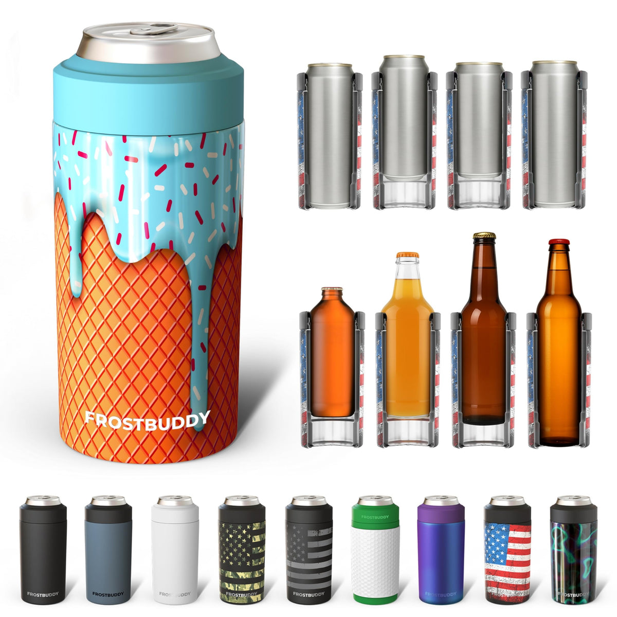 Frost Buddy universal can cooler side view, versatile for 12 oz and 16 oz drinks.