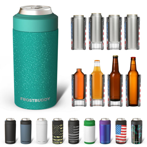 Frost Buddy universal can cooler teal-glitz close-up showcases all-in-one size compatibility.