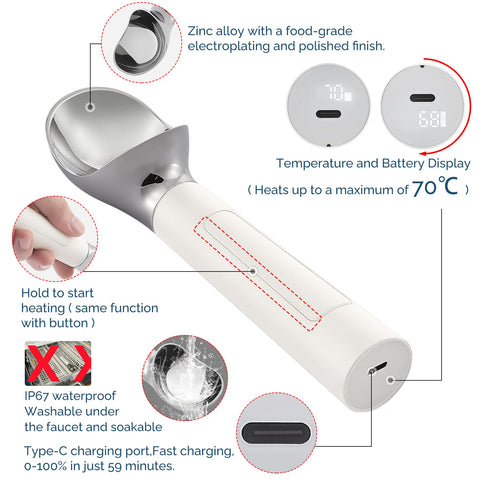 FrostJoy LED display on the scoop base shows temperature and battery level