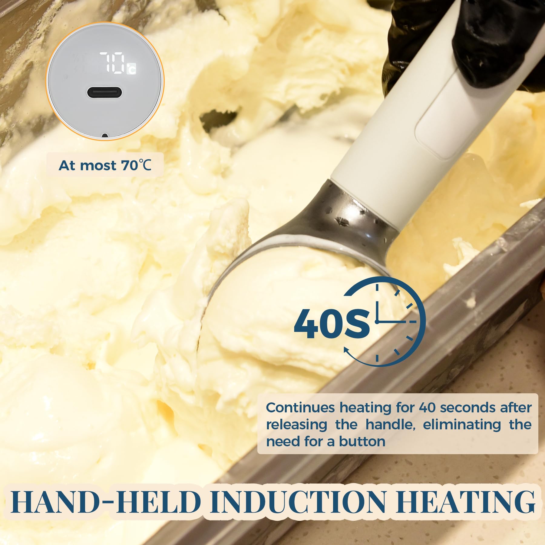 FrostJoy rechargeable ice cream scoop charging via USB for cordless dessert prep