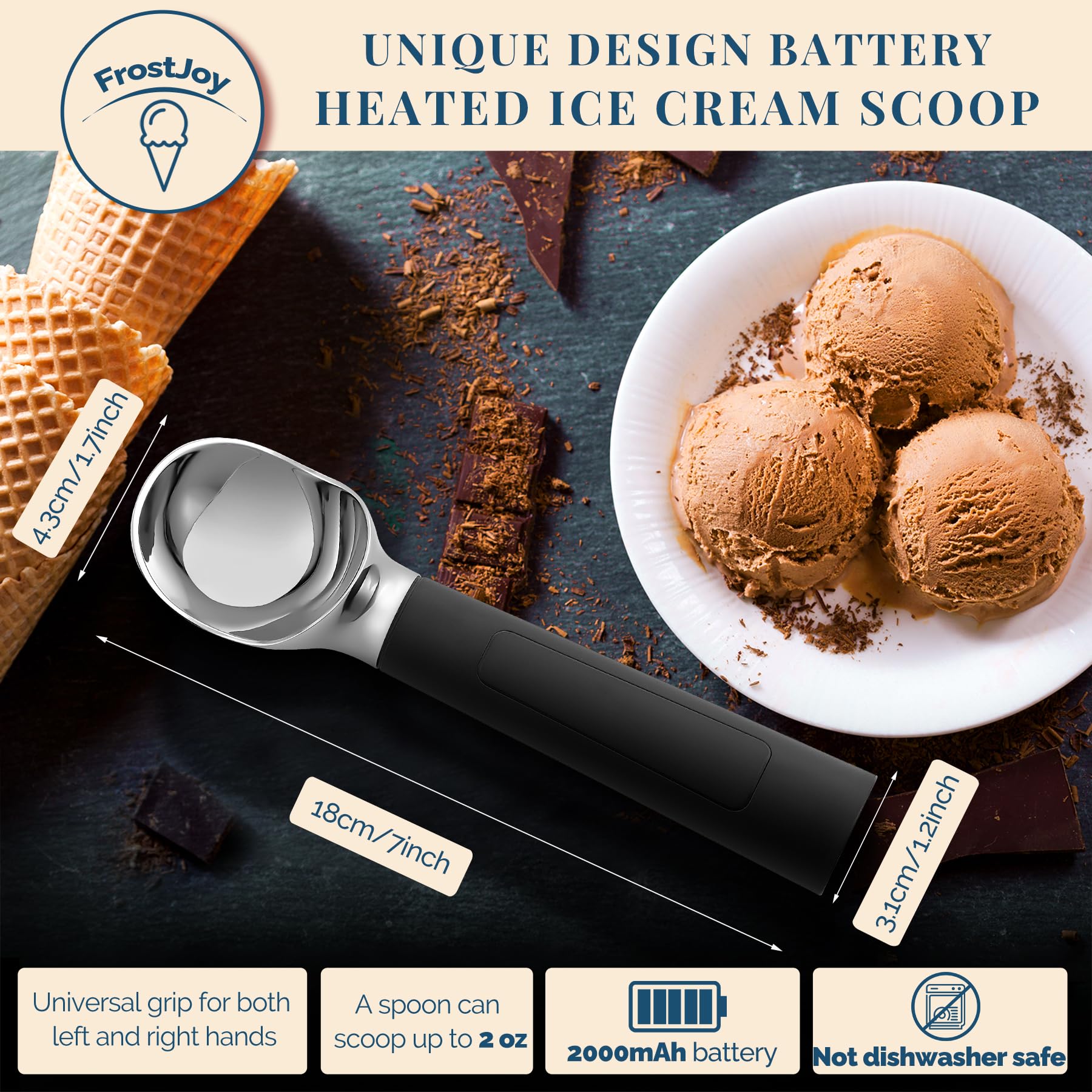 FrostJoy USB rechargeable ice cream scoop powers many scoops per charge