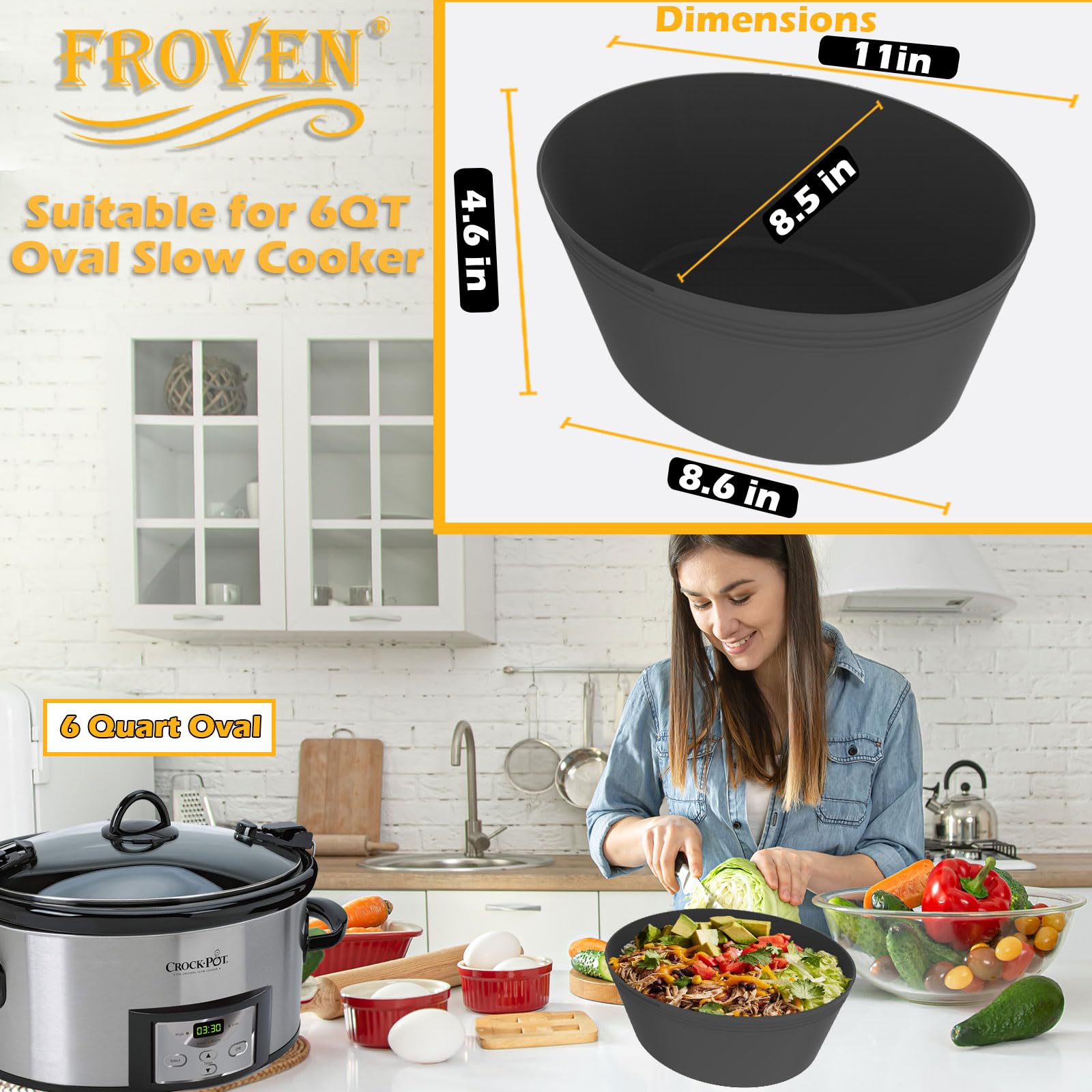 FROVEN dark grey liner in-use inside an oval crockpot for mess-free cooking.