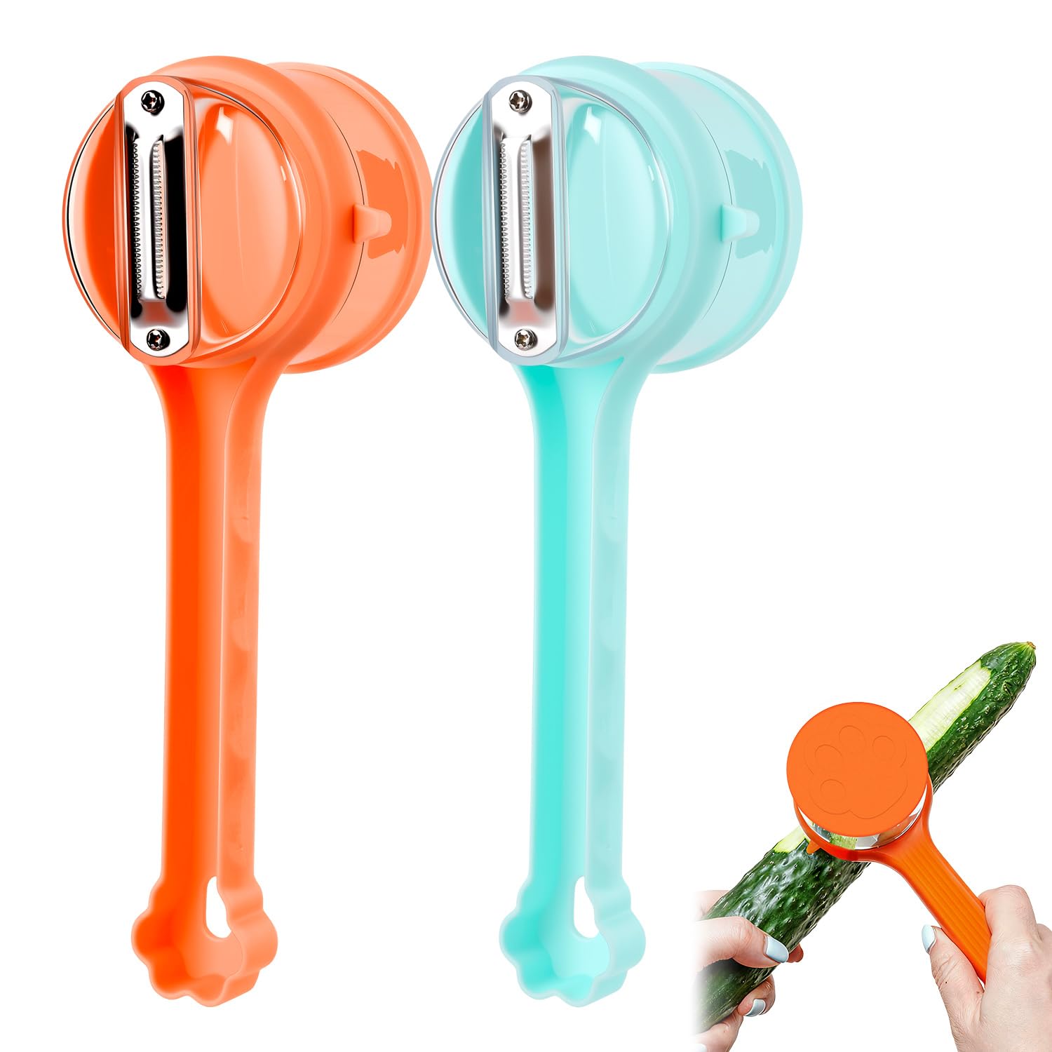 Fruit Peeler with blue-orange storage box keeps peels organized.